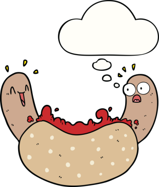 Bir insan tarafından çizilmiş düşünce balonlu sosisli sandviç.