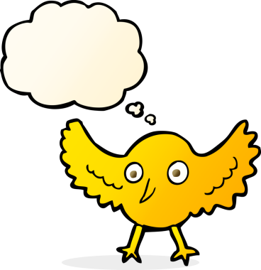 Bir insan tarafından çizilmiş düşünce baloncuklu çizgi film kuşu.