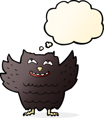 Bir insan tarafından çizilmiş düşünce baloncuklu mutlu baykuş.