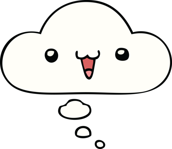 Bir insan tarafından çizilmiş düşünce baloncuklu sevimli mutlu yüz karikatürü.