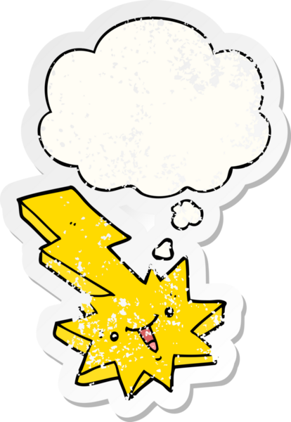 Düşünce baloncuğu olan karikatür yıldırımı bir insan tarafından çizilmiş yıpranmış bir çıkartma gibi.