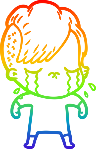 Gökkuşağının gradyan çizimi bir insan tarafından çizilmiş ağlayan bir kız çizgi filmi.