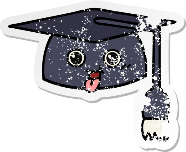 Bir insan tarafından çizilmiş şirin bir çizgi film mezuniyet şapkasının sıkıntılı çıkartması.