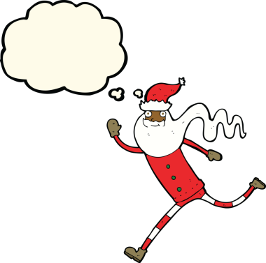 Bir insan tarafından çizilmiş düşünce baloncuğu ile Noel Baba 'yı çalıştıran çizgi film