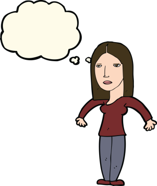 Bir insan tarafından çizilmiş düşünce baloncuğuyla rahatsız bir kadın.