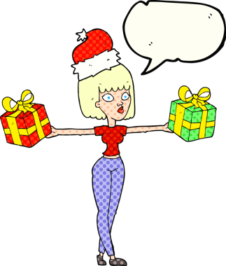 El yazısıyla çizilmiş çizgi roman konuşma balonu karikatürü bir insan tarafından çizilmiş xmas hediyeli kadın.