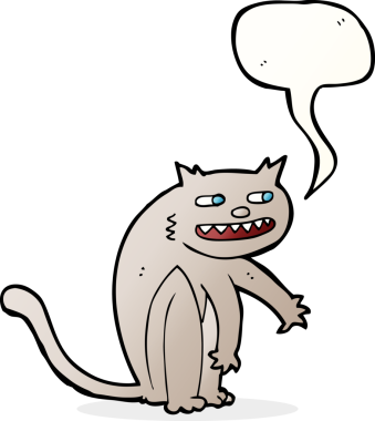 Bir insan tarafından çizilmiş konuşma balonlu mutlu kedi çizgi filmi.