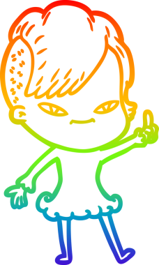 Gökkuşağı gradyan çizimi. Hipster saç kesimi bir insan tarafından çizilmiş şirin bir çizgi film kızı.