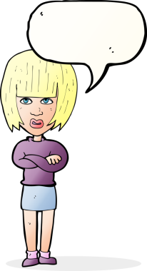 Bir insan tarafından çizilmiş konuşma baloncuğuyla rahatsız bir kadın.