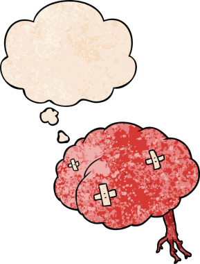 Bir insan tarafından çizilmiş grunge desen şeklinde düşünce baloncuğu olan yaralı bir beyin.