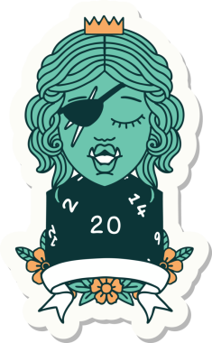 Bir insan tarafından çizilmiş 20 zarlı yarı ork haydut bir karakterin çıkartması.