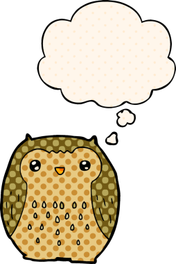 Bir insan tarafından çizilmiş çizgi roman tarzında düşünce baloncuğu olan sevimli bir baykuş.