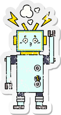 Bir insan tarafından çizilmiş sevimli bir robot çizgi film çıkartması.