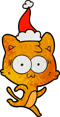 Bir insanın çizdiği Noel Baba şapkasıyla koşan sürpriz bir kedinin el çizimi karikatürü.