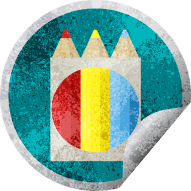 Bir insan tarafından çizilmiş renkli kalem paketi grafik vektör çizim dairesel etiketi