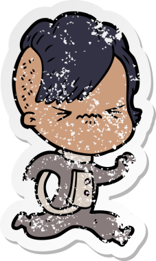 Bir insan tarafından çizilmiş uzay giysisi giymiş sinirli bir hippi kızın sıkıntılı çıkartması.