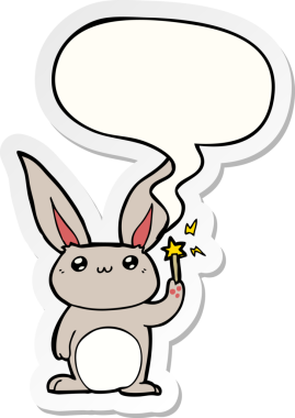 Bir insan tarafından çizilmiş baloncuk çıkartmalı şirin çizgi film tavşanı.