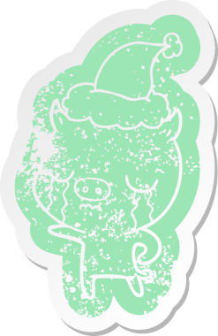 Bir insan tarafından çizilmiş Noel Baba şapkasıyla ağlayan bir domuzun hüzünlü çizgi filmi.