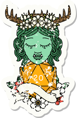 Bir insan tarafından çizilmiş doğal 20 zarlı yarım ork Druid karakterinin grunge sticker 'ı