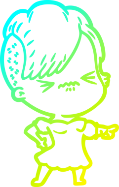 Bir çizgi film karakteri çizen soğuk gradyan, bir insan tarafından çizilmiş hippi bir kız.