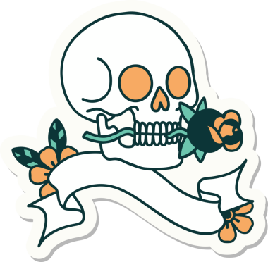 Bir insan tarafından çizilmiş kafatasının pankartıyla dövme stili etiketi