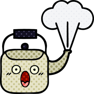 Bir insan tarafından çizilmiş dumanı tüten bir çaydanlığın çizgi romanı.