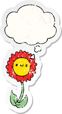 Düşünce baloncuğu olan karikatür çiçeği insan tarafından çizilmiş yıpranmış bir çıkartma gibi.