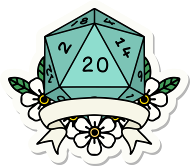 Bir insan tarafından çizilmiş 20 kritik vuruşluk D20 zar etiketi.