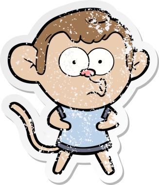 Bir insan tarafından çizilmiş üzgün bir çizgi film çıkartması. Şaşırmış bir maymun.