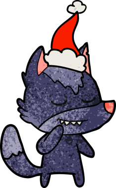 Bir insan tarafından çizilmiş Noel Baba şapkası takan bir kurt resmi.