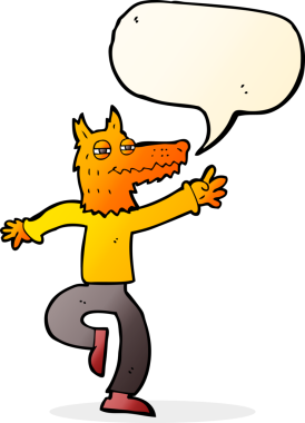 Bir insan tarafından çizilmiş konuşma balonlu mutlu tilki adam.