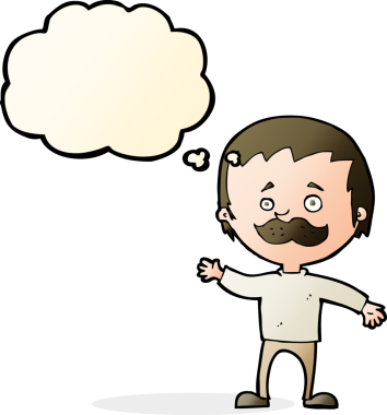 Bir insan tarafından çizilmiş düşünce baloncuğuyla bıyıklı çizgi film adamı.