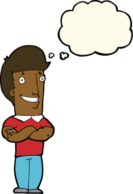 Bir insan tarafından çizilmiş düşünce baloncuğuyla sırıtan katlanmış kolları olan çizgi film adamı.