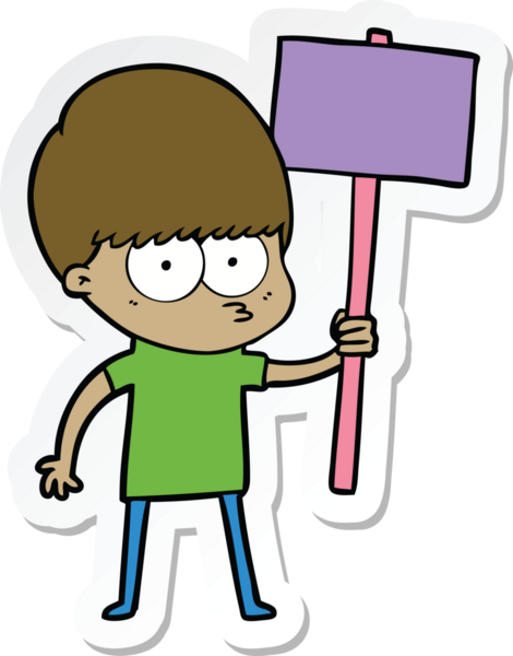 Bir insan tarafından çizilmiş levhayı tutan sinirli bir çizgi film çocuğunun çıkartması.