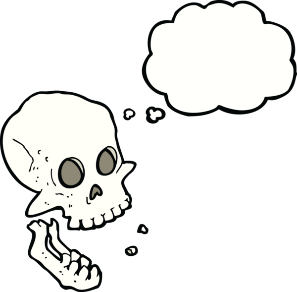 Bir insan tarafından çizilmiş düşünce baloncuklu gülen kafatası.