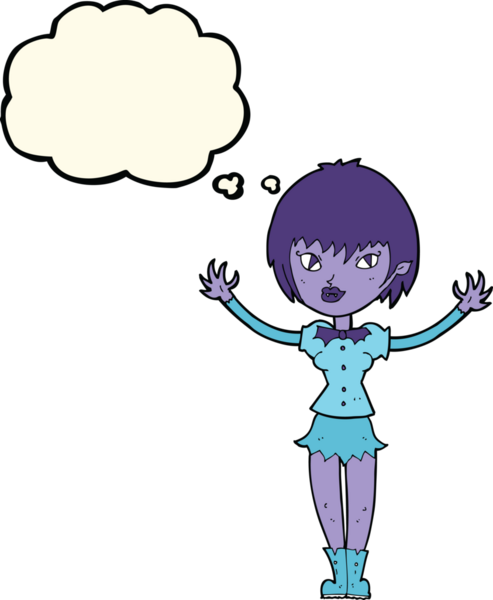 Bir insan tarafından çizilmiş düşünce balonlu vampir kız.