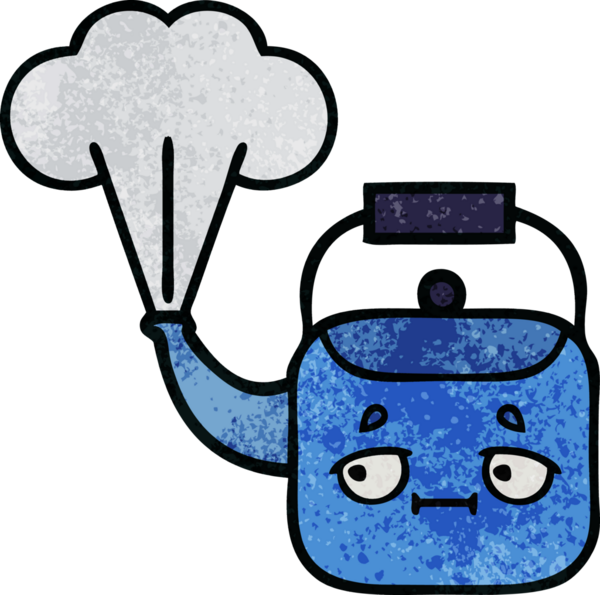 Bir insan tarafından çizilen dumanı tüten bir çaydanlığın retro grunge desenli karikatürü