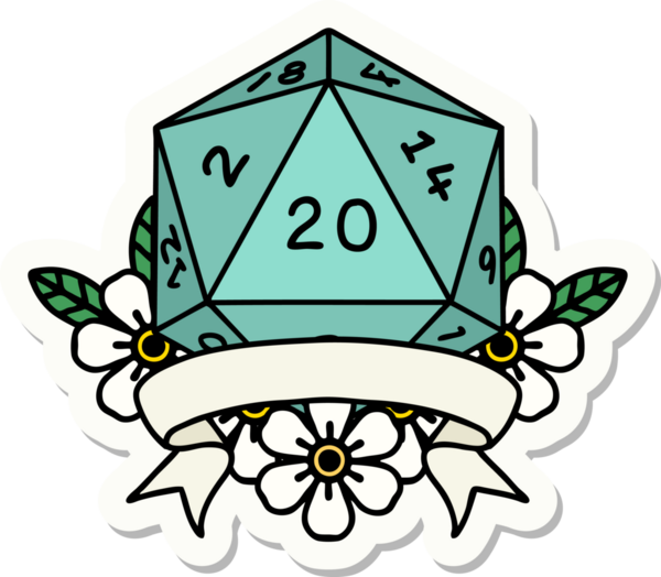 Bir insan tarafından çizilmiş 20 kritik vuruşluk D20 zar etiketi.