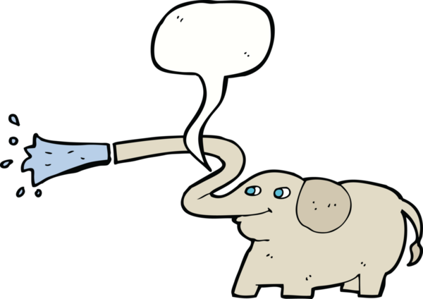 Bir insan tarafından çizilmiş konuşma baloncuğuyla su fışkırtan çizgi film fili.