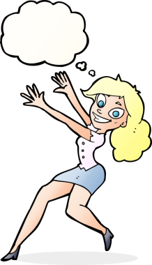 Bir insan tarafından çizilmiş düşünce baloncuğuyla zıplayan mutlu kadın çizgi filmi.