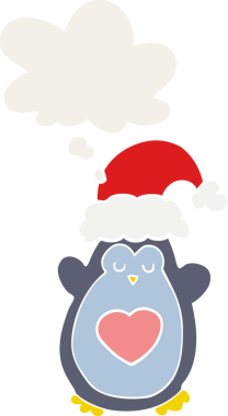 Düşünce baloncuğu olan sevimli noel pengueni insan tarafından çizilmiş.