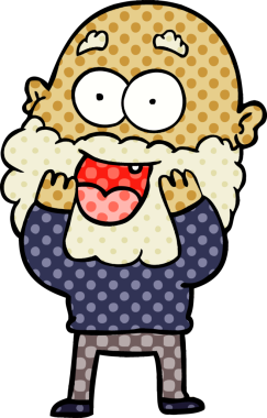 Çizgi film delisi, mutlu, sakallı, bir insan tarafından çizilmiş.