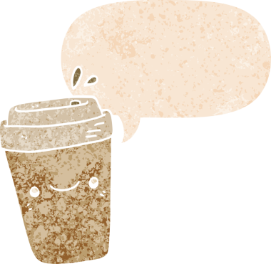 Bir insan tarafından çizilmiş grunge dertli retro desenli konuşma balonlu çizgi film paket kahve.