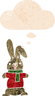 Düşünce baloncuklu çizgi film tavşanı grunge dertli eski moda bir insan tarafından çizilmiş.