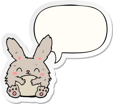 Bir insan tarafından çizilmiş baloncuk çıkartmalı şirin çizgi film tavşanı.