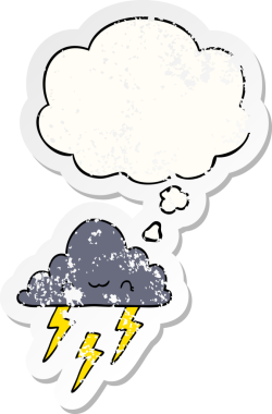 Düşünce baloncuklu karikatür fırtına bulutu bir insan tarafından çizilmiş yıpranmış bir çıkartma.