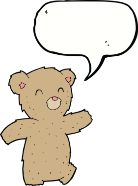 Bir insan tarafından çizilmiş konuşma balonlu oyuncak ayı.