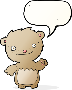 Bir insan tarafından çizilmiş konuşma balonlu oyuncak ayıyı sallayan çizgi film.