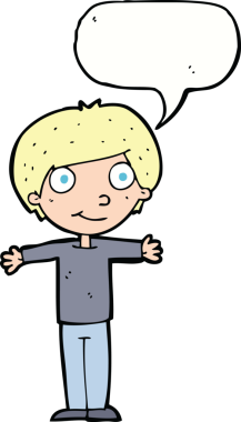 Bir insan tarafından çizilmiş konuşma balonuyla kolları açık mutlu çocuk çizgi filmi.