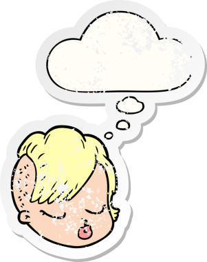 Düşünce baloncuklu karikatür kadın yüzü bir insan tarafından çizilmiş yıpranmış bir çıkartma gibi.